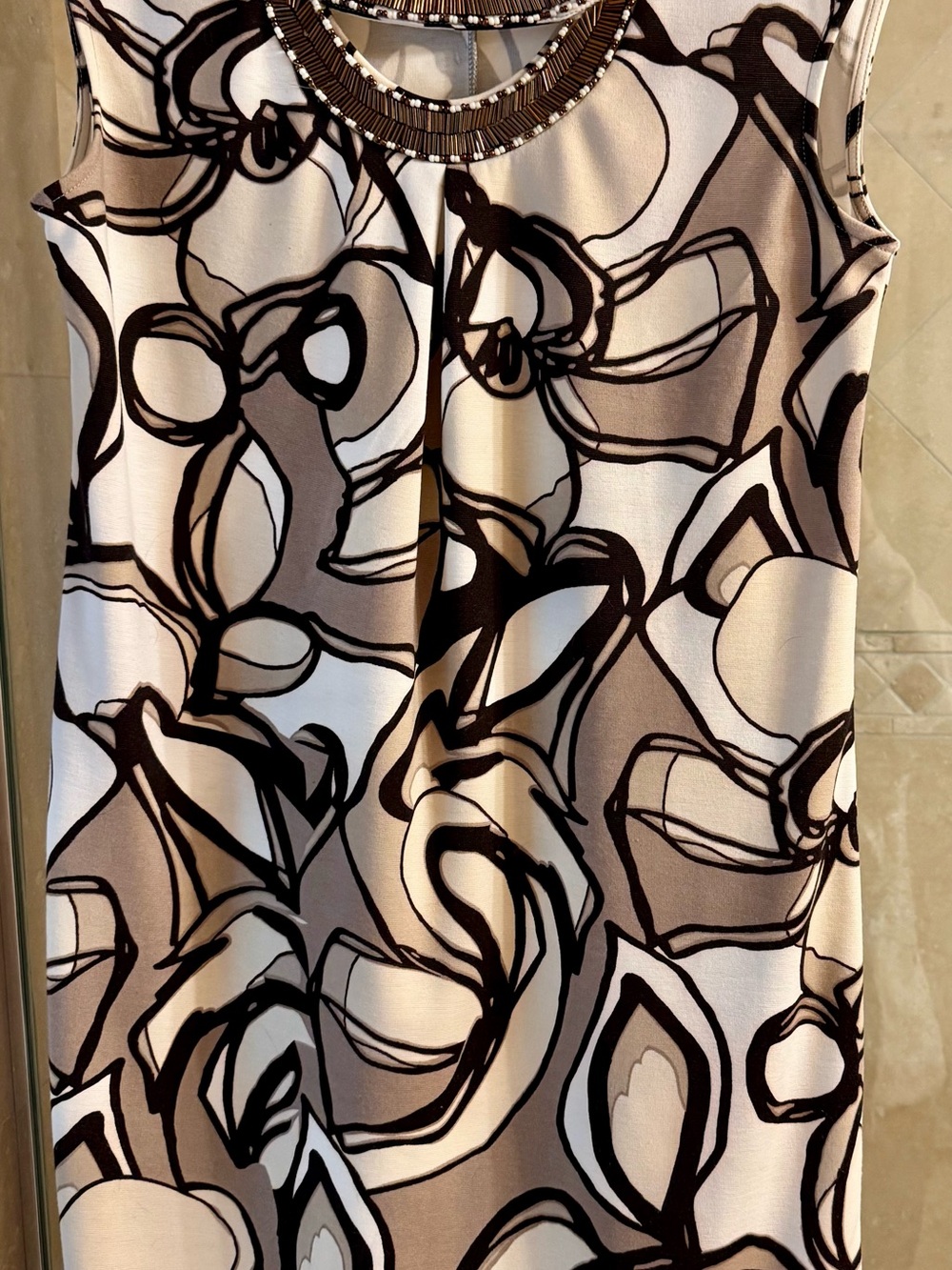 Dana Buchman Cream and Brown Beaded-Neck Shift Dress